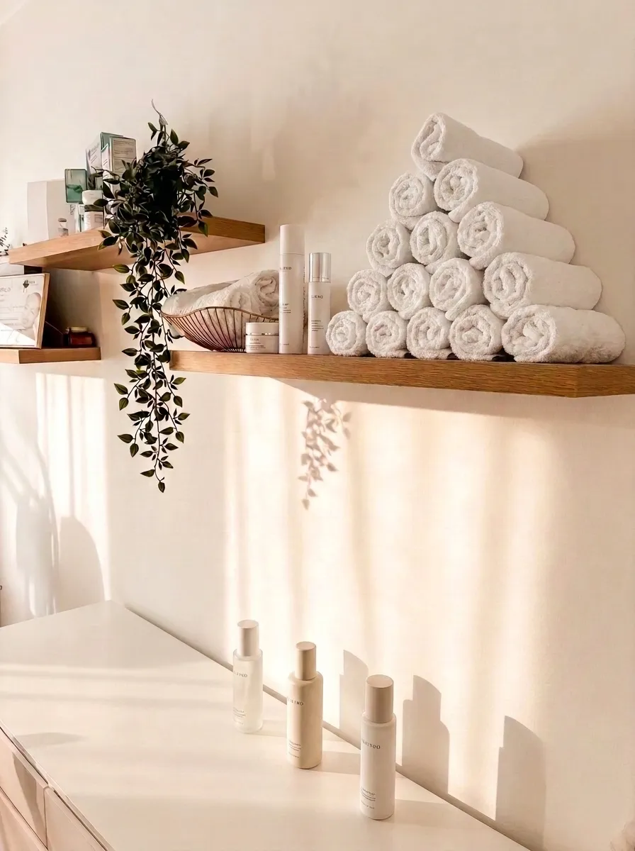 Rolled towels and skincare products on a wooden shelf in golden light