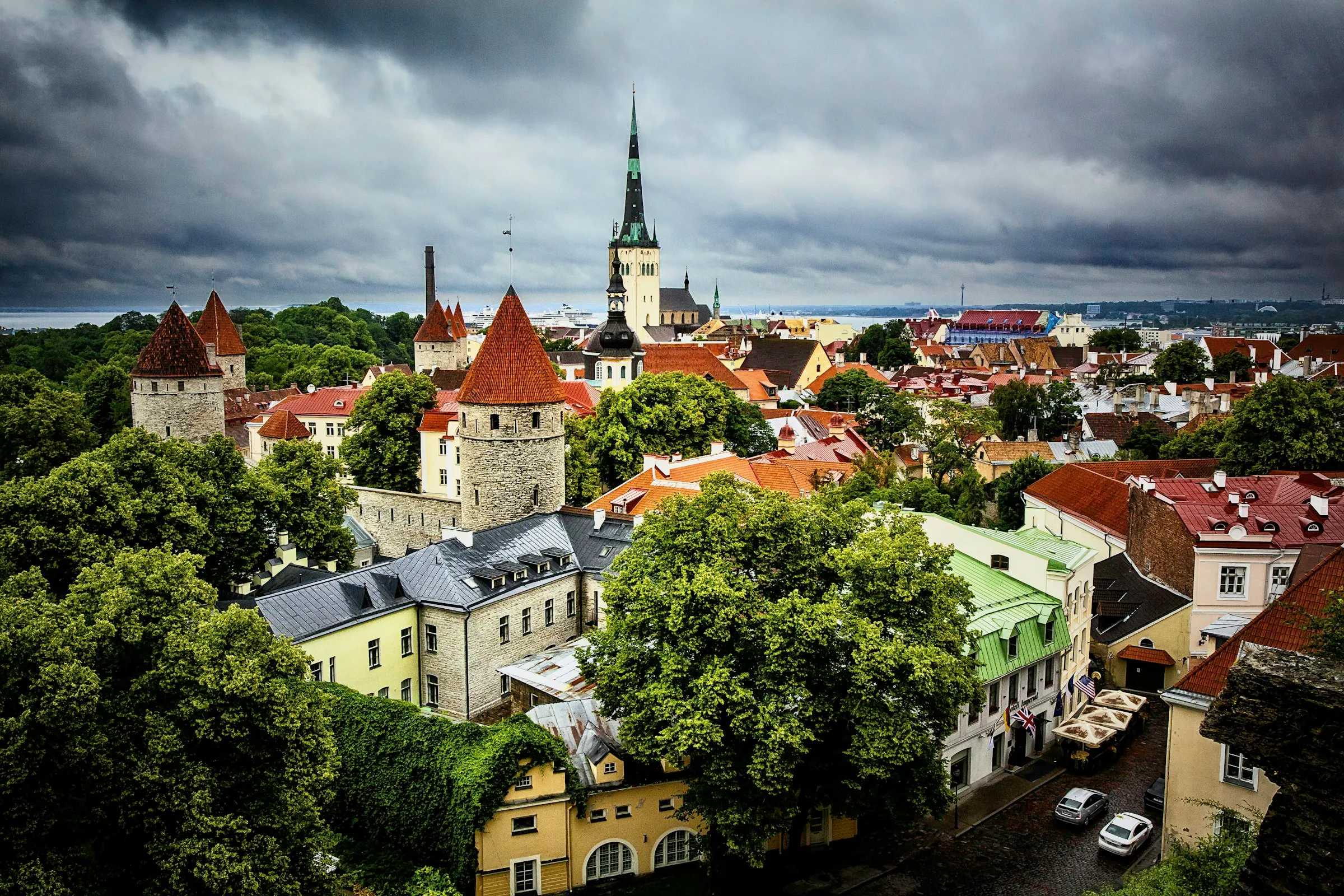 Aerial view of Tallinn's Old Town rooftops and towers